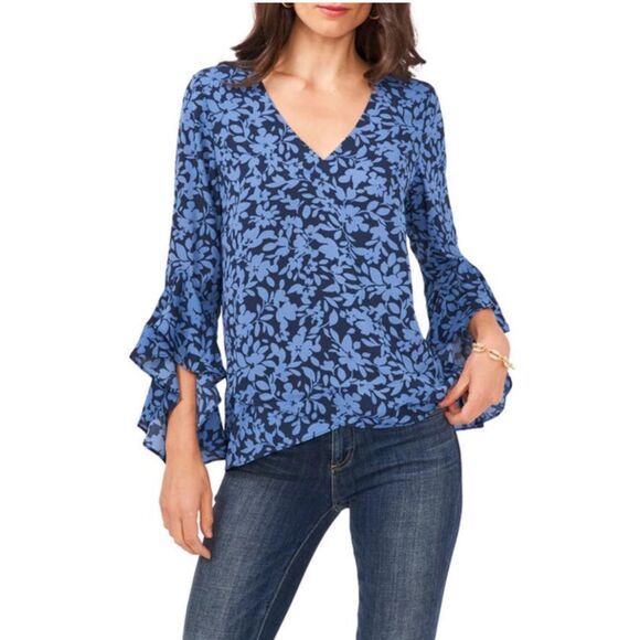 Vince Camuto Womens Floral V-Neck High‎ Low Bell Long Sleeve Blouse Blue NWT - Picture 1 of 9
